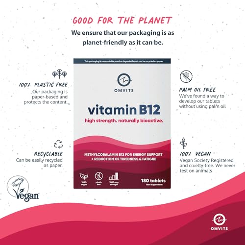 Omvits Vegan Vitamin B12-1000mcg Methylcobalamin - 180 Tablets in 100% Plastic-Free Packaging - High Strength Supplement - 6 Month Supply - Palm Oil Free - Helps Reduce Tiredness & Fatigue