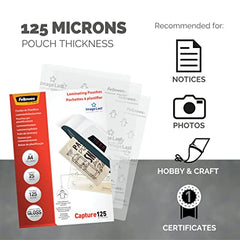 Fellowes A4 Laminating Pouches, Gloss Finish, 25 Sheets, 250 Micron (2 x 125 Micron) High Quality Finish with Image Last Directional Quality Mark - Ideal for Photos, Notices and Everyday Use