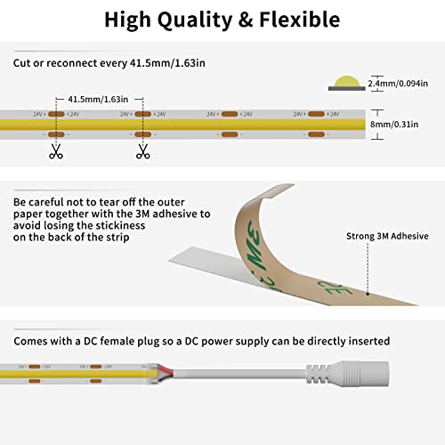 PAUTIX COB LED Strip Lights Warm White 2700K DC24V, 6m 3024LEDs Flexible CRI90and LED Tape, Super Bright for Cabinet, Bedroom, Kitchen DIY Lighting with 8mm cob Connector(Power Supply Not Included)