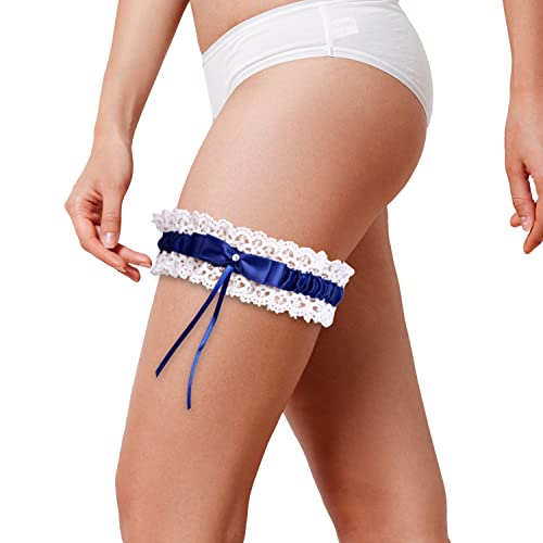 CHEERYMAGIC Wedding Garters for Bride, Lace Bridal Garter Set, Women's Garter Belt Wedding Bridal Garter Prom Garter Bridal Accessories Lingerie Leg Garter Belts (dark blue) A3XNWD