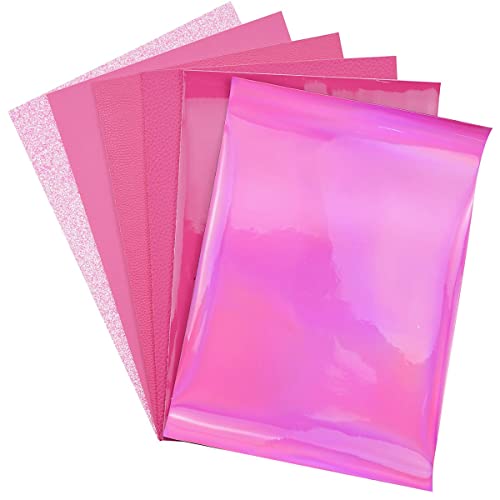 6 Pieces/Set 8x12 Inch (21cm x 30cm) A4 Bundle Leather Sheets Mixed Hot Pink Series Sparkle Fine Glitter Patent Holographic Litchi Faux Leather Fabric for Bow Earring Making DIY Craft