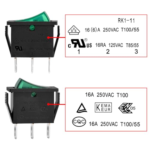 Heschen Rocker Switch, ON-OFF, SPST, 3 Terminals, Green Light, 16A 250VAC, 5Pack