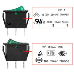 Heschen Rocker Switch, ON-OFF, SPST, 3 Terminals, Green Light, 16A 250VAC, 5Pack