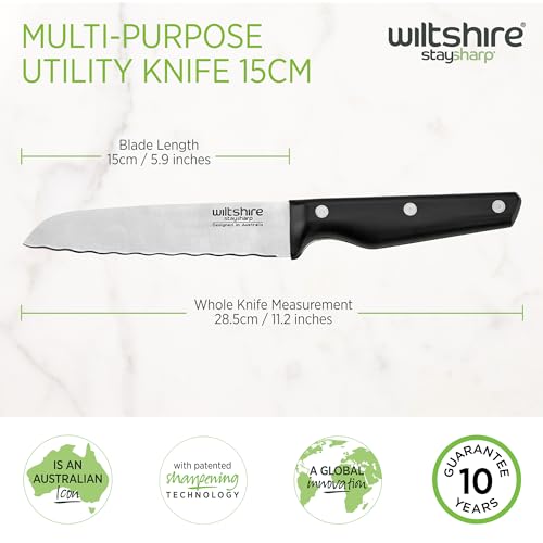 Wiltshire Staysharp Triple Rivet Multi-Purpose Utility Knife 15cm 6, Built-in Sharpener, Keep Your Knife Sharp at All Times, Slim Design Scabbard, Ergonomic Triple Rivet Handle, 10 Year Guarantee