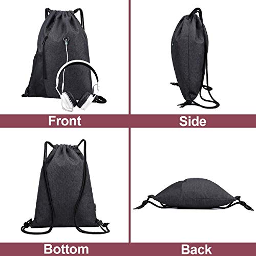 LIVACASA Gym Sack Drawstring Bag Sports Travel Drawstring Bag Water Repellency Mesh Pocket for Water Bottle Light Backpack Sack with Earphones Hole for Men Women Black