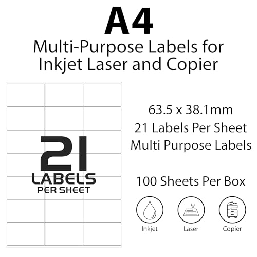 21 Labels per A4 Sheet, 25 Sheets 525 Labels Total, Self Adhesive Address Mailing Printer Labels–Compatible with Inkjet and Laser Printers – Printable Sticky Sheet Labels [JAM Free]