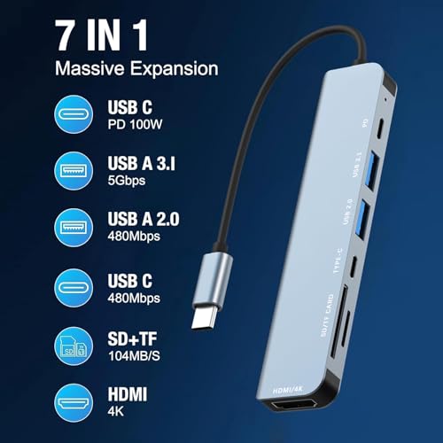 Avigers USB C Hub, 7-in-1 USB C to HDMI Adapter with 4K HDMI, 100W PD, USB 3.0, USB 2.0, USB-C Data Ports, SD&TF Card Reader, Type-C Multi Adapter for MacBook Air/Pro,iPad Pro,Huawei,Dell,Samsung etc