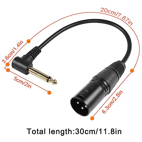 QIANRENON 90 Degree Angle TS 6.35mm to XLR Unbalanced Cable Adapter TS 1/4 Right Angle Male to XLR Male Audio Extension Cable, for Microphone Guitar Amplifier Mixer, 30cm/11.8in