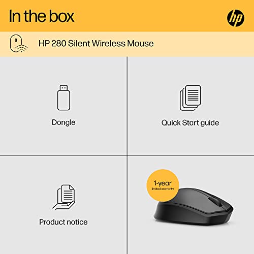 HP 280 Silent PC Wireless Mouse, HP Blue Optical Technology, 1600 DPI to track precisely on any surface90% noise reduction, Comfortable & Ergonomic Design, USB A Dongle Included, Black