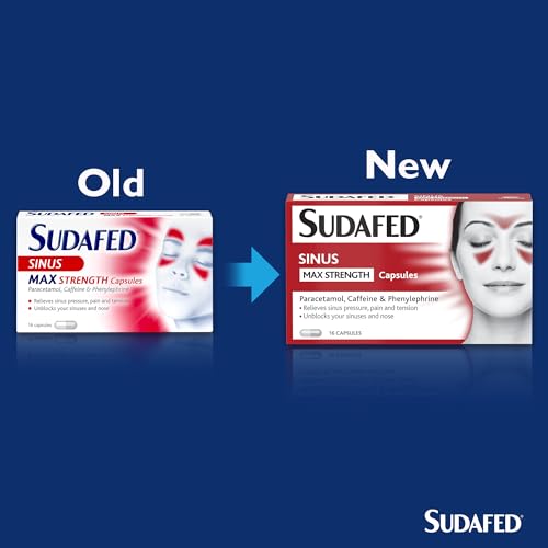 Sudafed Sinus Max Strength Capsules, Relieves Sinus Pressure and Pain, Relieves symptoms of Blocked Nose, Headache, Fever, Aches and Pain, pack of 16