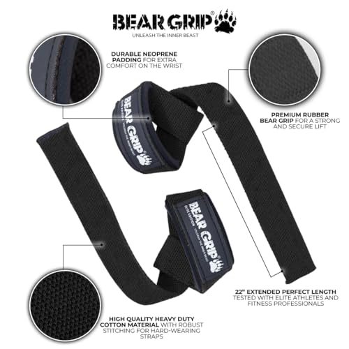 BEAR GRIP Straps - Premium Neoprene padded Heavy Duty double stitched weight lifting gym straps, Gel grip, 100% cotton, Extra long length (Black (No Rubber))