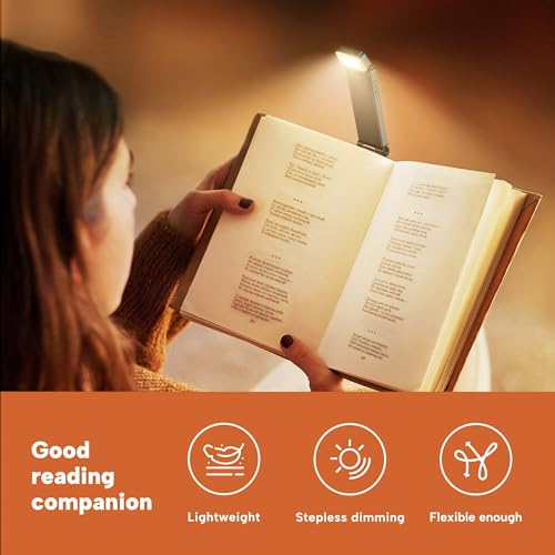 86lux Reading Light, Rechargeable Book Light for Reading in Bed, Ultralight Clip-on LED Bookmark Lamp with 3 Amber Colors & Stepless Dimming for Night Reading for Book Lovers, Kids, Grey