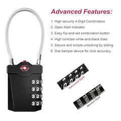 ZHEGE Luggage Locks TSA Approved, with Open Alert Indicator, Flexible Cable Travel Lock, White Code 4 Digit Combination Suitcase Padlock for Gym Locker (Black, 2 Pack)