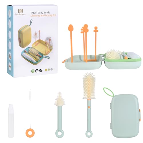 Bebamour Travel Baby Bottle Brushes for Cleaning 6 in 1 Portable Silicone Bottle Brush, Nipple Cleaner Brush, Straw Brush, Soap Dispenser and Bottle Drying Rack, Green