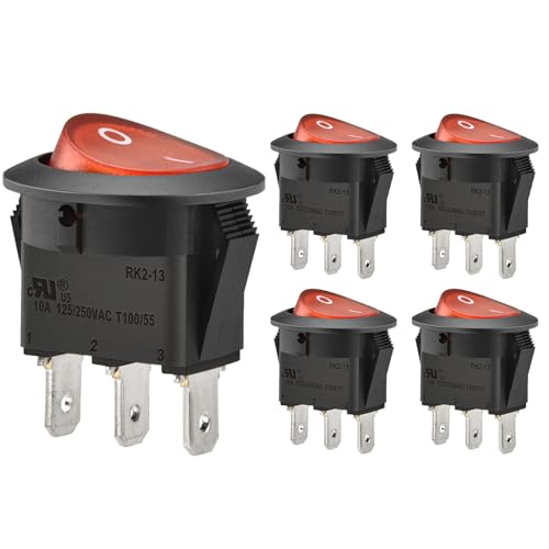 Heschen Red Round Rocker Switch Round ON-OFF SPST 3 Terminals 10A 250VAC UL VDE 5Pack