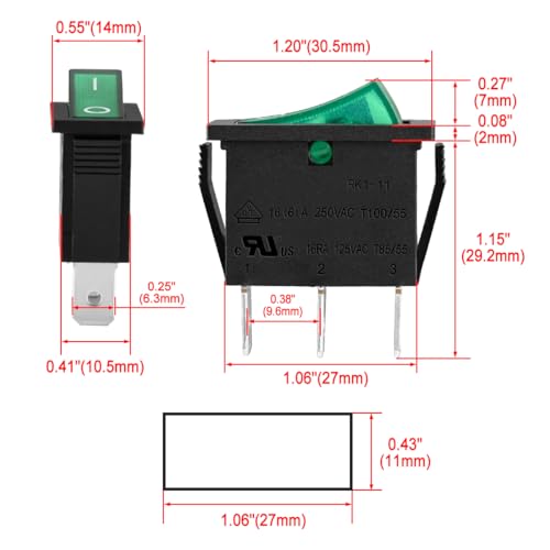 Heschen Rocker Switch, ON-OFF, SPST, 3 Terminals, Green Light, 16A 250VAC, 5Pack