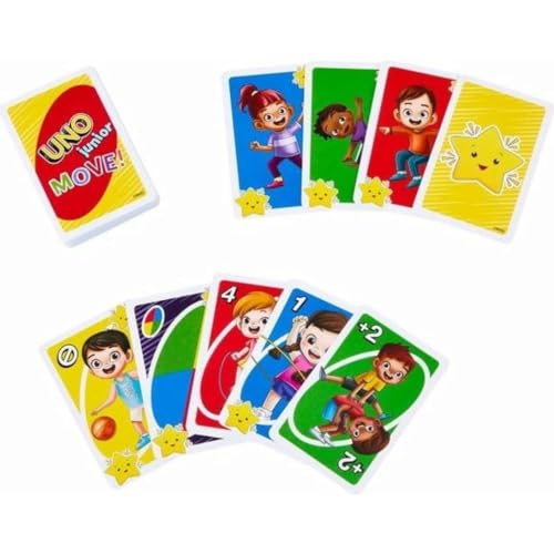 Mattel Games UNO Junior Move Kids Card Game with Action Rules for Family Night, Game Night, Travel, Camping and Party, UNO Cards, HNN03