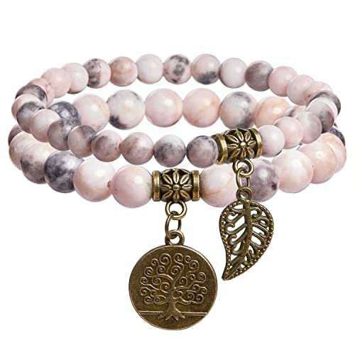 Farfume Chakra Bracelets for Women - Crystals Bracelet Women Natural Gemstones Yoga Reiki Bangle- A Set of Double Bracelets(rose and tree of life 17cm)