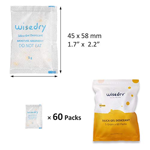 wisedry Silica Gel Sachets Pouches Desiccant 5 Gram [60 PACKS] with Orange Beads Humidity Indicator Moisture Absorber for Air Dryer Moisture Removal, Food Grade