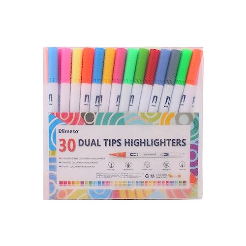 Efimeso 30 Colour Pastel Highlighters Pens, Aesthetic Double Highlighters Pastel Marker With Soft Tip Fine Tip, Cute Stationary Sets Accessories For Planner Notes School Supplies