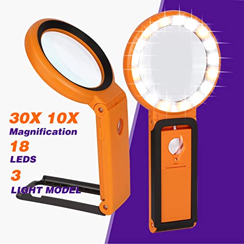 30X 10X Magnifying Glass with Light and Stand, Folding Handheld Magnifying Glass 18 LED Illuminated Lighted Magnifier for Macular Degeneration, Seniors Reading, Close Work, Coins, Jewelry (Orange)