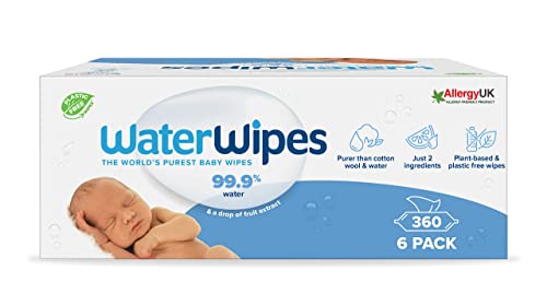 WaterWipes Plastic-Free Original Baby Wipes, 360 Count (6 packs), 99.9% Water Based Wipes, Unscented for Sensitive Skin