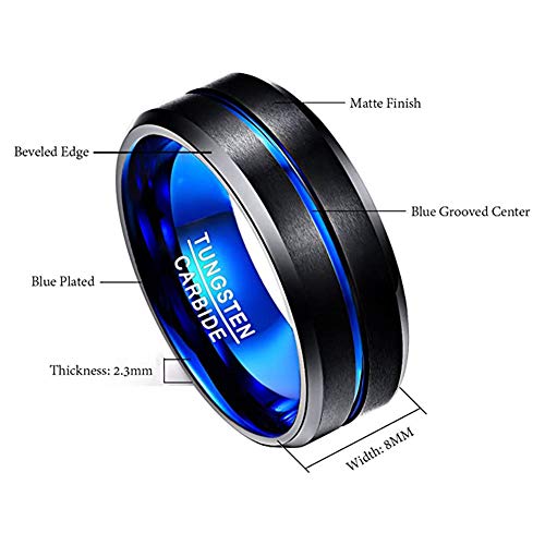 NUNCAD Tungsten Carbide Wedding Ring 8mm Black & Blue Line Brushed Finish Comfort Fit Size T