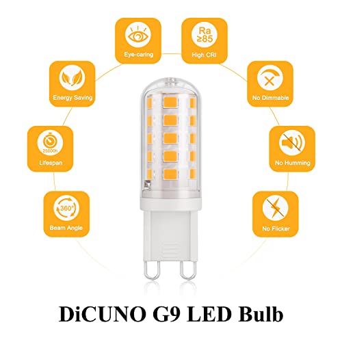 DiCUNO G9 LED Bulb Warm White 3000K, 3W, 30-40W Halogen Equivalent, 430LM, Not Dimmable, Energy Saving G9 LED Light Bulbs for Chandelier, Ceiling Lights, 6 Pcs