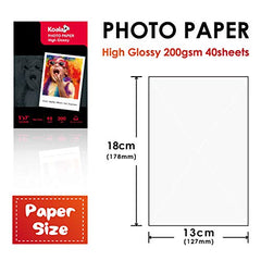 KOALA - Inkjet Photo Glossy Paper - 13x18 cm - 200gsm - 40 Sheets - for Canon HP Epson Inkjet Printer