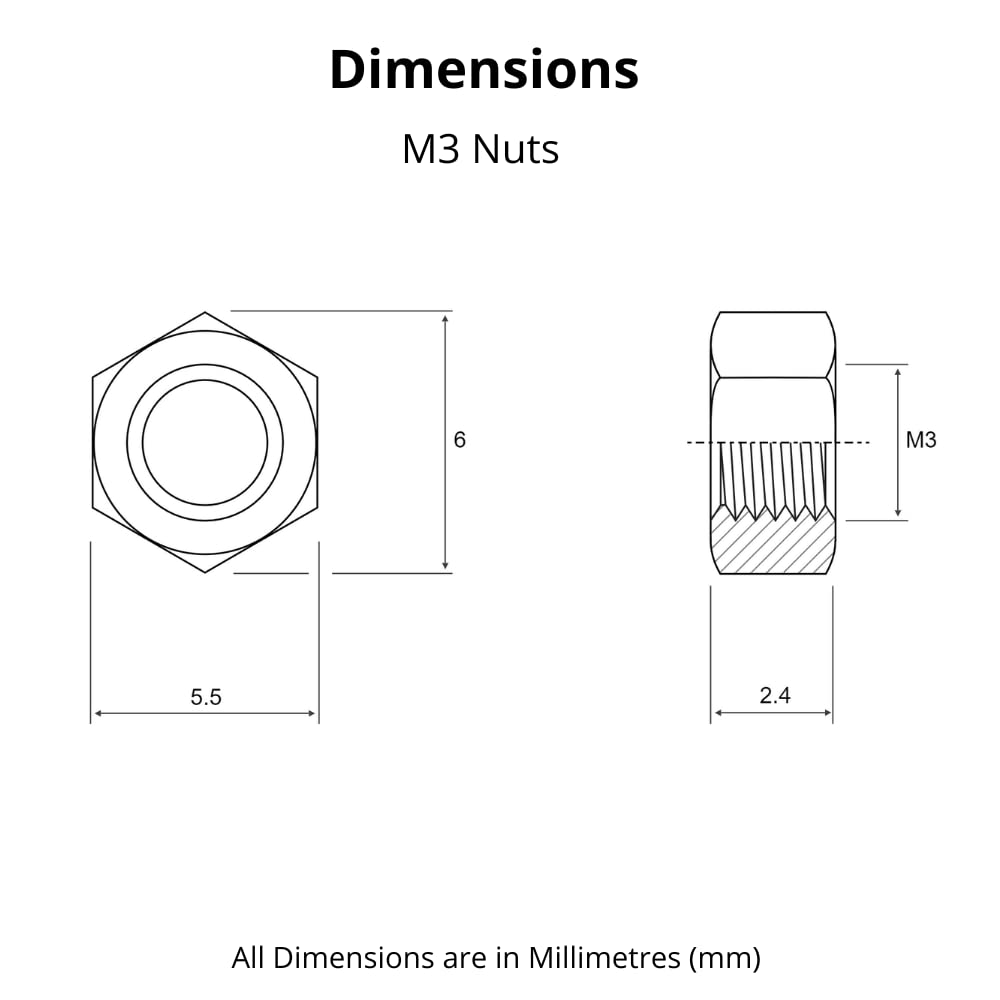 M3 (3mm) Steel Hex Nuts - Standard Thread - Pack of 5