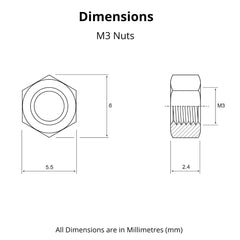 M3 (3mm) Steel Hex Nuts - Standard Thread - Pack of 5