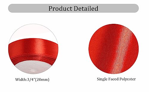 Red Ribbon 20mm, 23 Meters Satin Fabric Ribbons for Gift Wrapping, Crafting, Bows Making, Florist Bouquets, DIY Sewing Projects, Birthday, Baby Shower and Wedding Party Cake Decorations