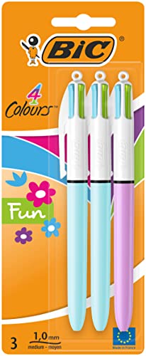 BIC 4 Colours Fun Retractable Ballpoint Pens with Four Ink Colours and Medium Point (1.0 mm), Pack of 3