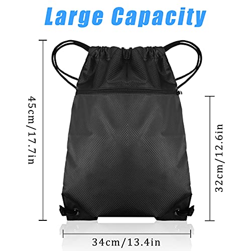 Fuyamp Drawstring Gym Bag, Black Drawstring Bags Waterproof Gym Bag,Sport Sack PE Bag, Swimming Bags Drawstring Scratch Resistant Bag for Men Women Large with Outside Zipper