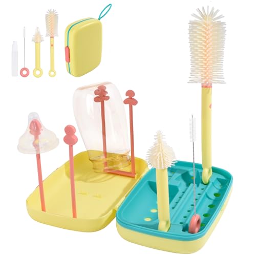 Bebamour Travel Baby Bottle Brushes for Cleaning 6 in 1 Portable Silicone Bottle Brush, Nipple Cleaner Brush, Straw Brush, Soap Dispenser and Bottle Drying Rack, Yellow