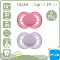 MAM Original Pure Soother 16and Months (Set of 2), Baby Soother Made from Sustainable and Bio-Renewable Material, SkinSoft Silicone Teat, with MAM Soother Case, Pink/Purple (Designs May Vary)