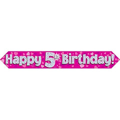 9ft Banner Happy 5th Birthday Pink holographic