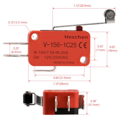 Heschen Micro Switch, V-156-1C25, 7.5A 250VAC, Ith 20A, SPDT, Long Roller Lever, 2 Pack