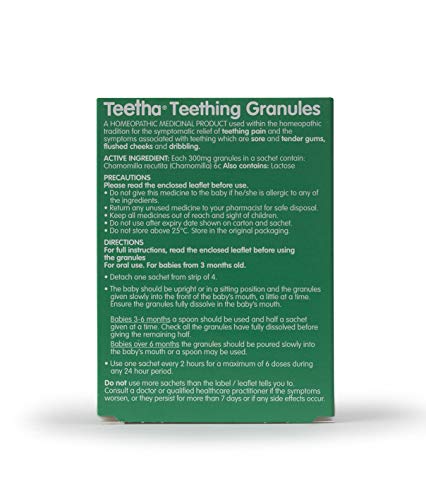 Teetha Baby Teething Granules, 24 Sachets, 3and Months, 6c Chamomilla, Homeopathic Relief for Soothing & Calming Teething Symptoms, System-Booster for Babies & Toddlers