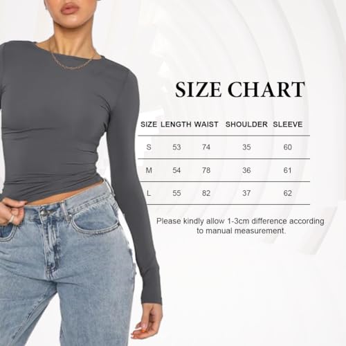 flintronic Womens Long Sleeve, Women's Basic Long Sleeve Scoop Neck, Women's Basic Long Sleeve Slim Fitted, Basic T-Shirts Crop Tops Blouse Aesthetic Streetwear-Grey/M