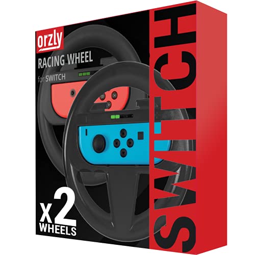 Orzly Steering Wheels for Nintendo Switch & OLED Joy-Cons, Racing Wheels for Mario Kart 8 Deluxe [Mariokart Switch Steering Wheel Joycon Controller Attachment Accessories]-TWIN PACK [2X Black Wheels]