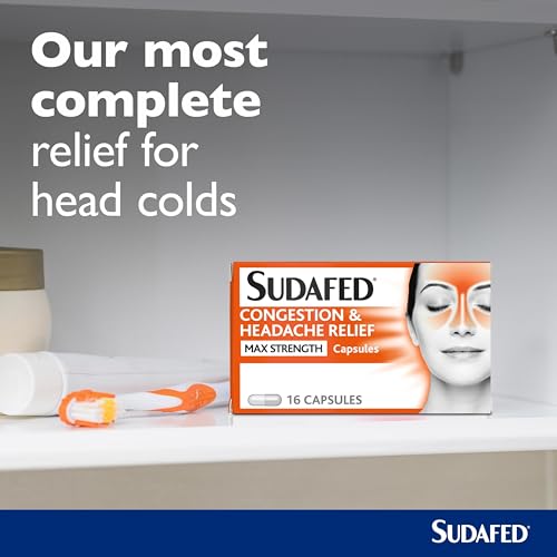 Sudafed Congestion & Headache Relief Max Strength Capsules, Targets Blocked Nose, Pressure, Heavy Head, Relieves Congestion and Headache with Maximum Strength formula, pack of 16