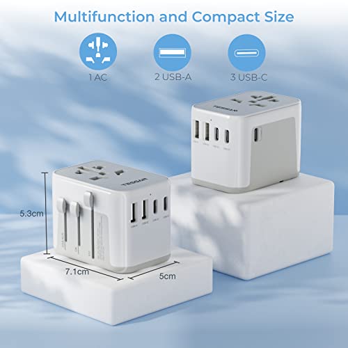 Universal Adapter, TESSAN Worldwide Travel Plug Adaptor with 2 USB A and 3 USB C Ports, International Travel Adapter for EU, UK, USA, AU, Power Socket Charger for Multi Countries