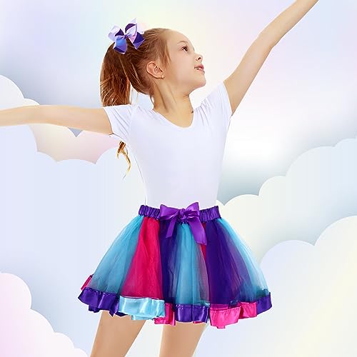 Yolev Girls Tutu Skirt Rainbow Tulle Tutu Skirt Princess Ballet Dance Dress Kid Tutu Skirt with Hair Bow for Children (Deep Purple and Lake Blue)