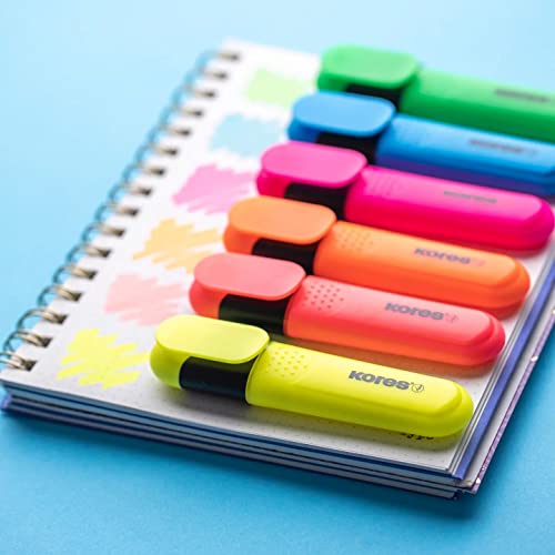 Kores - Bright Liner Plus: Coloured Fluorescent Highlighter Pens, Chisel Tip and Water-based Ink, Ergonomic Shape, School and Office Supplies, Pack of 6 Assorted Colours