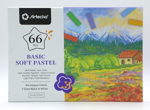 Artecho Soft Pastel Set of 66, 64 Colours Including Extra Black & White, Premium Square Chalk for Drawing, Blending, Layering, Shading, Art Supplies for Kids, Beginners, Students, Experienced Artists