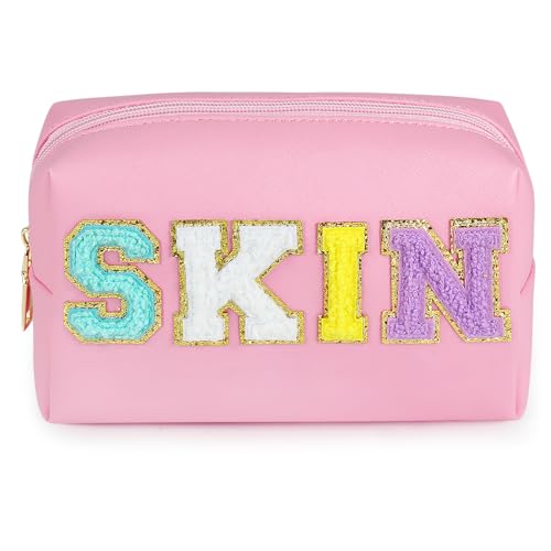 GINOYA Preppy Patch Makeup Bag, Synthetic Leather Patch Makeup Bag with Skin Chenille Letter for Purse Diaper Bag Travel