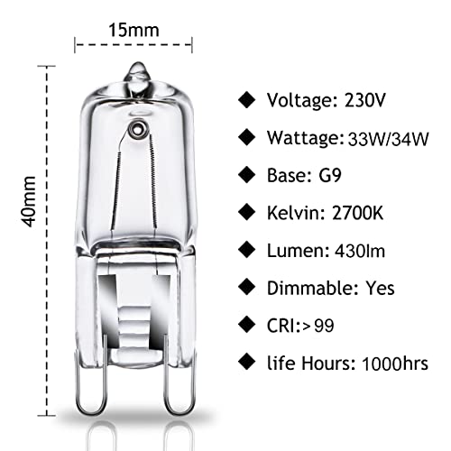 GMY G9 Halogen Light Bulbs 34W G9 Capsule Light Bulbs 230V 2700K Warm White Dimmable 10 Pack