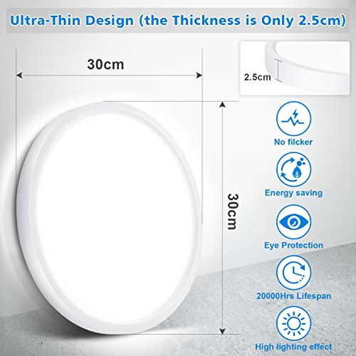 Defurhome Bathroom Ceiling Light, 24W (150W Equivalent), 2200LM, 5000K Daylight White,IP54 Waterproof, Flush Mount,Modern Ceiling Light for Living Room,Kitchen,Porch,Bedroom,Ø30CM(White)