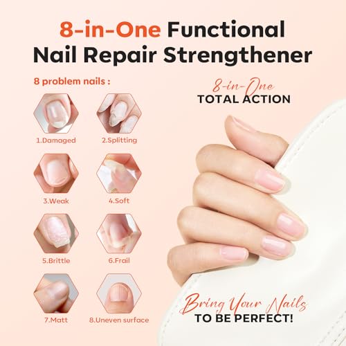 Modelones Nail Care 8 in one Ridge Filling Strengthener Treatment, Nail Polish Strengthener for Damaged and Weak Nails, Nail Hardener Extra Strong and Growth Smoothing Base Coat White Nail 15ml